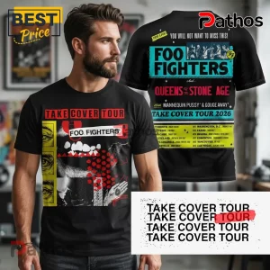 Black tee: Foo Fighters Take Cover Tour 2026. Yellow, black, red, white graphic elements!