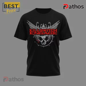 Black tee: Killswitch Engage band graphic. Skull, wings, white/red text. Metal style!