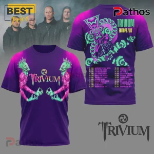 Purple tee shows Trivium band art, tour dates. Green, pink accents. 'Trivium' text on front and back!