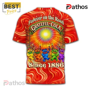 Red tee with dancing bears, cola bottles, sunburst, and text: Forever on the Road, Grateful Cola, Since 1886!