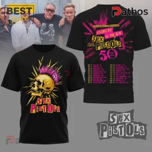 Sex Pistols 50 Years of Punk Anarchy UK Graphic Print T-Shirt 1 Black punk rock tee with gold skull, purple mohawk,