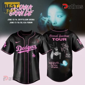 Ariana Grande Eternal Sunshine Tour Dodgers Jersey Limited Edition 1 Black baseball jersey with pink accents, 'Dodgers' text, Ariana Grande design, concert dates, 'Eternal Sunshine TOUR' text!