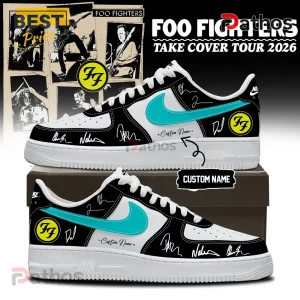 Foo Fighters Take Cover Tour 2026 Limited Edition Air Force 1 Sneakers 1 White shoes with blue swoosh, Foo Fighters Take Cover Tour 2026, custom name and band signatures!