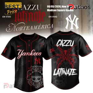Cazzu Latinaje En Vivo Tour Yankees MLB Black Baseball Jersey 1 Black baseball jersey with Yankees logo, spider graphic, and