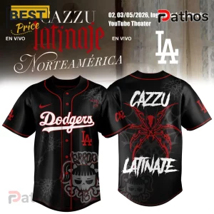 Dodgers Cazzu Latinaje En Vivo Tour Baseball Jersey 1 Black Cazzu Latinate jersey: Dodgers script, spider graphic, skulls, 'ERROR,' concert date text!