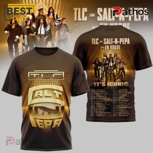 Brown tee: TLC and Salt-N-Pepa graphic. Tour dates listed. Gold text. Retro design!
