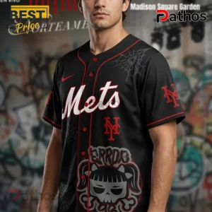 Black Mets baseball jersey with red accents, spiderwebs, skull graphic, and text 