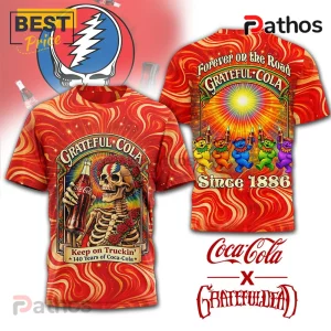 Red tie-dye shirt with Coca-Cola Grateful Dead mashup art. Text: Grateful Cola, Keep on Truckin', Since 1886!