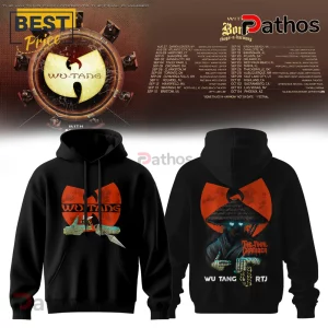 Wu-Tang Clan Final Chamber Tour Hoodie 1 Black hoodie with orange Wu-Tang Clan logo, cartoon hands, 'WU-TANG', samurai figure, glowing blue eyes, 'THE FINAL CHAMBER', 'WU TANG RTJ'!
