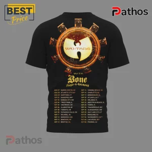 Black retro concert tour t-shirt with a faded gold circular Wu-Tang Clan logo and 'WITH Bone thugs-n-harmony' text, including tour dates!
