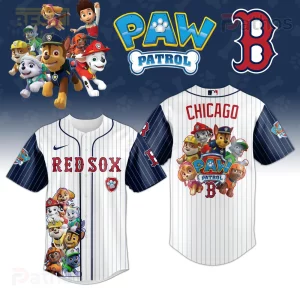 White pinstripe baseball jersey with navy sleeves! Features Paw Patrol characters, red RED SOX and CHICAGO text, and a B logo!
