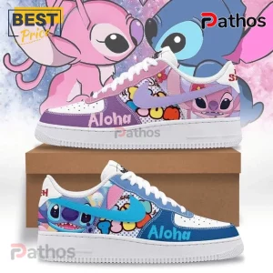 Custom white sneakers with blue Stitch and pink Angel cartoon graphic and purple and blue Aloha text!