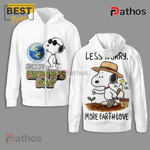 White Snoopy Earth Day hoodie! Front: Snoopy, Earth, 'SNOOPY EARTH'S DAY' text! Back: Snoopy planting, 'LESS WORRY. MORE EARTH LOVE' text!