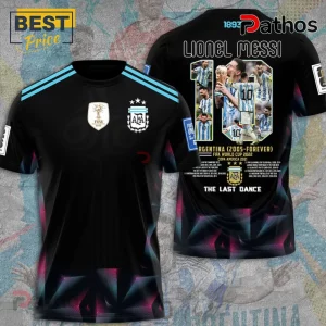 Black Argentina soccer jersey with light blue stripes, featuring a Lionel Messi World Cup graphic and 'The Last Dance' text!