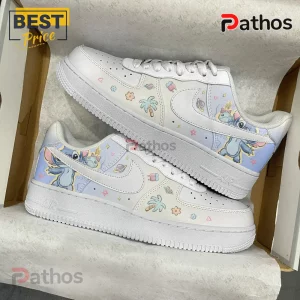 Custom painted white sneakers with blue Stitch and pink Angel cartoon characters, pastel palm trees, planets, and flowers design!
