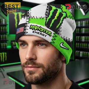 Monster Energy Patchwork Beanie Hat 1 White black neon green patchwork beanie! Monster Energy claw logo! MONSTER ENERGY text! US flag patch! Nike swoosh!
