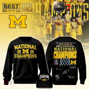 Black sweatshirt with yellow text 'National 20M26 Champions' for the 2026 NCAA Men's Basketball Championship win!