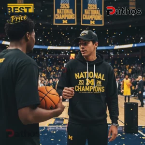 Black hoodie with yellow text 'National 2026 M Champions' for Michigan Wolverines basketball fans!