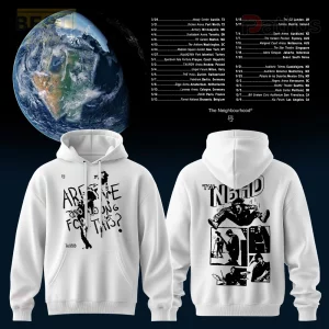 The Neighbourhood World Tour 2026 Graphic Print White Hoodie 1 White grunge hoodie with black graphics, front text 'ARE WE TOO YOUNG FOR THIS? THE NBHD', back features band illustrations!