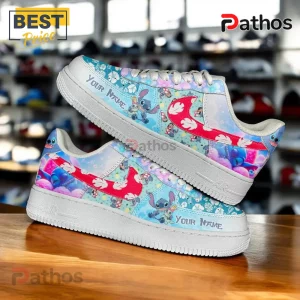 Custom Stitch and Angel sneakers with a blue and pink cartoon pattern, red swoosh, and personalized 'Your Name' text!