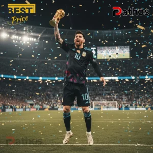 Lionel Messi in a black Argentina jersey number 10, holding the gold World Cup trophy amid confetti!