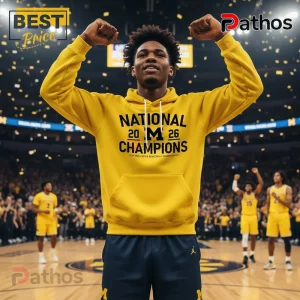 Yellow hoodie with black text 'National Champions 2026' and a block 'M' logo for the NCAA Men's Basketball Championship!