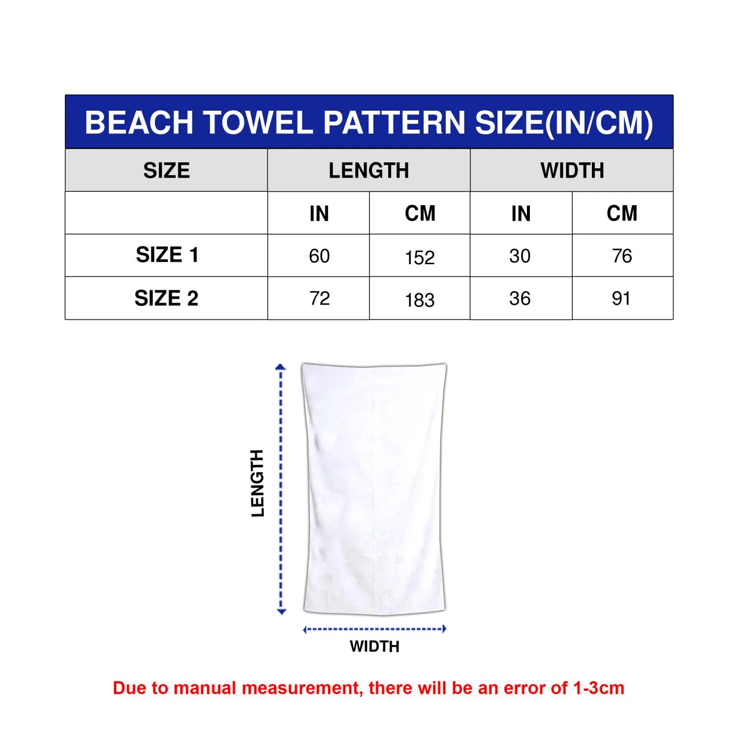 Size guide for Blink-182 Summer Vibes Psychedelic Road Trip Band Beach Towel showing dimensions for rectangle and round options