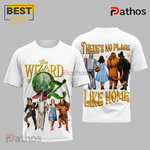 White retro Wizard of Oz tee featuring characters, Emerald City, ruby slippers! Text: THE WIZARD of OZ, THERE'S NO PLACE LIKE HOME!