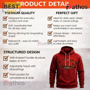 Red distressed pullover hoodie with a ripped graphic of the word RUSH and the years 1968-2027 in a rock band style!