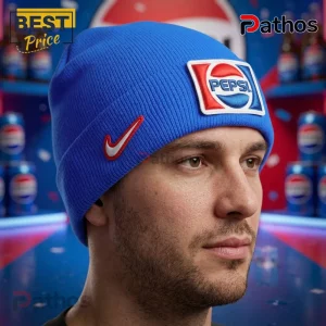 Blue knit beanie with PEPSI logo patch featuring red, white, and blue colors, and a red Nike swoosh embroidery!
