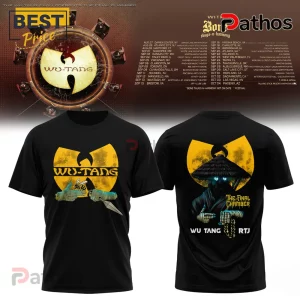 Black Wu-Tang Clan tour tee with yellow logo, cartoon hands, bee, shuriken, robed figure, chain, THE FINAL CHAMBER, WU-TANG, RTJ!