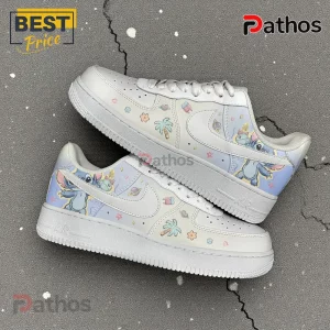 Custom painted white sneakers with a blue cartoon alien Stitch design, pastel planets, palm trees, and stars on the side!