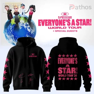 5 Seconds of Summer Everyone's A Star 2026 World Tour Black Fan Hoodie 1 Black hoodie with hot pink stars and band logos! Features '5 SECONDS OF SUMMER' text and 'EVERYONE'S A STAR! WORLD TOUR '26' with signatures!
