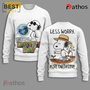 White Snoopy Earth Day sweatshirt, front shows Snoopy blowing kisses to Earth globe, text SNOOPY EARTH DAY! Back shows Snoopy planting, text LESS WORRY. MORE EARTH LOVE!