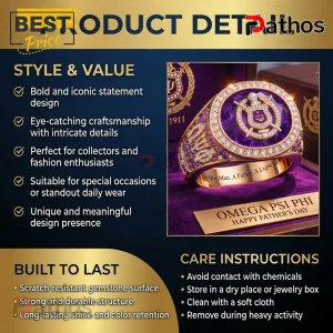 Fct6jaXo omega psi phi que man fathers day luxury gold purple diamond crest ring 03 close up detail