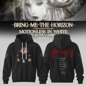 Bring Me The Horizon Tour 2026 Graphic Print Black Hoodie 1 Black hoodie with gothic red Bring Me The Horizon text on back, white ghost face with orange eyes on front, concert tour cities listed!