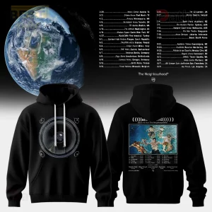 Black band hoodie, realistic speaker cone graphic front, 