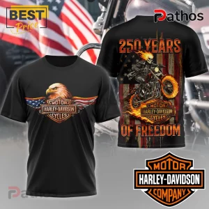 Black biker tee set: American flag eagle, Harley-Davidson logo, flaming skull rider, '250 YEARS OF FREEDOM' text!