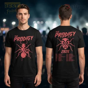 Black distressed Prodigy band tee with pink grunge ant graphic on front, insect mask and 2026 tour dates on back!