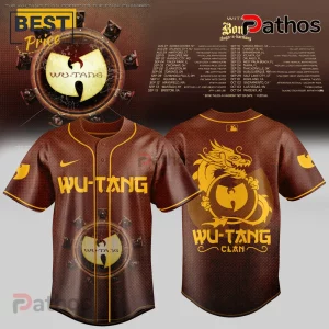 Wu-Tang Clan Final Chamber Tour Baseball Jersey 1 Brown Wu-Tang Clan baseball jersey with yellow text. Front: WU-TANG, Nike swoosh, number 5. Back: Dragon, WU-TANG CLAN!