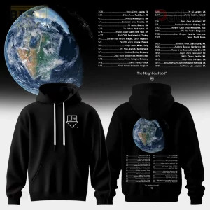 Black hoodie, white drawstrings! Front has white geometric logo! Back shows Earth globe graphic with white 'The Neighbourhood' tour dates!