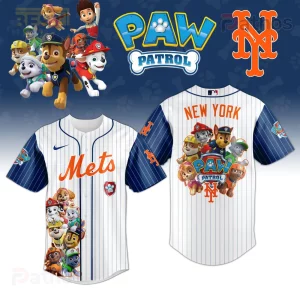 White pinstripe baseball jersey, blue sleeves, orange 