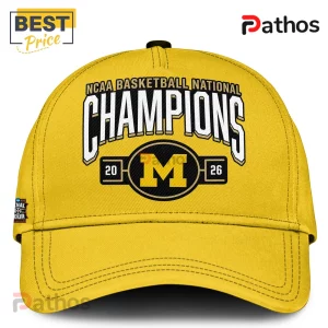 Yellow cap with Michigan M logo and text NCAA Basketball National Champions 2026 in black and white letters!