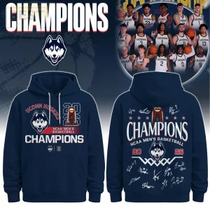Navy UConn Huskies hoodie, white husky logo, red 2023 NCAA Champions trophy front, 2026 NCAA Men's Basketball Champions back with signatures!
