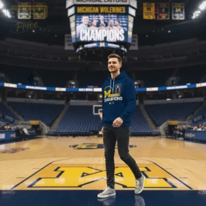 Dark blue collegiate hoodie with bold yellow M MICHIGAN WOLVERINES CHAMPIONS 2023 text and team logo design!