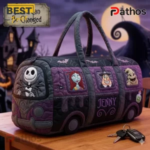 Quilted purple and black duffel bag shaped like a van with Jack Skellington, Sally, and a custom name Jenny embroidered on it!