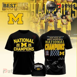 Black t-shirt with yellow text 'National 20 M 26 Champions' for the 2026 NCAA Men's Basketball Championship Michigan win!