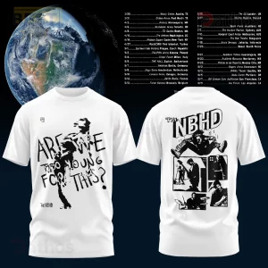 The Neighbourhood "Are We Too Young For This?" Graphic T-Shirt 1 White band tee, black distressed grunge graphics, 'ARE WE TOO YOUNG FOR THIS?', band members, THE NBHD text!