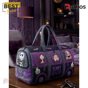 A quilted purple and black duffel bag shaped like a bus with The Nightmare Before Christmas characters Jack Skellington and Sally!