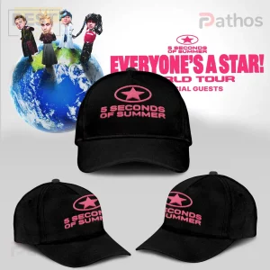 5 Seconds of Summer Everyone's A Star! World Tour Band Merch Hoodie 2 Black baseball cap featuring a bright pink embroidered star inside an oval, above